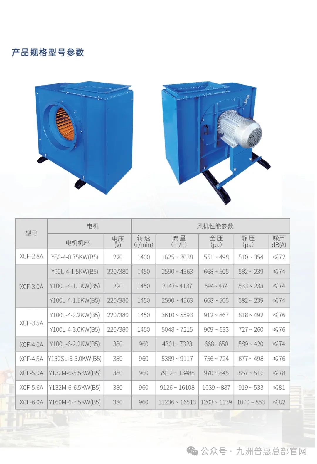 九洲普惠XCF系列(加棉型)多翼式離心通風(fēng)機(jī)型號參數(shù)
